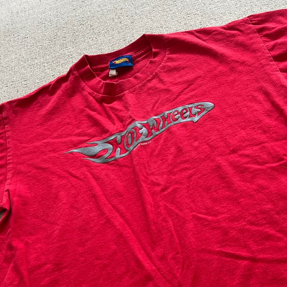Vintage 2005 Hot Wheels Graphic T-Shirt Red Silver Flame Logo Boys Sz L